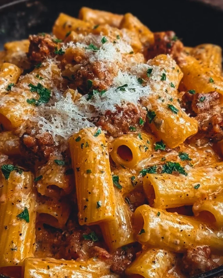 Creamy Italian sausage rigatoni served in a bowl with herbs and cheese