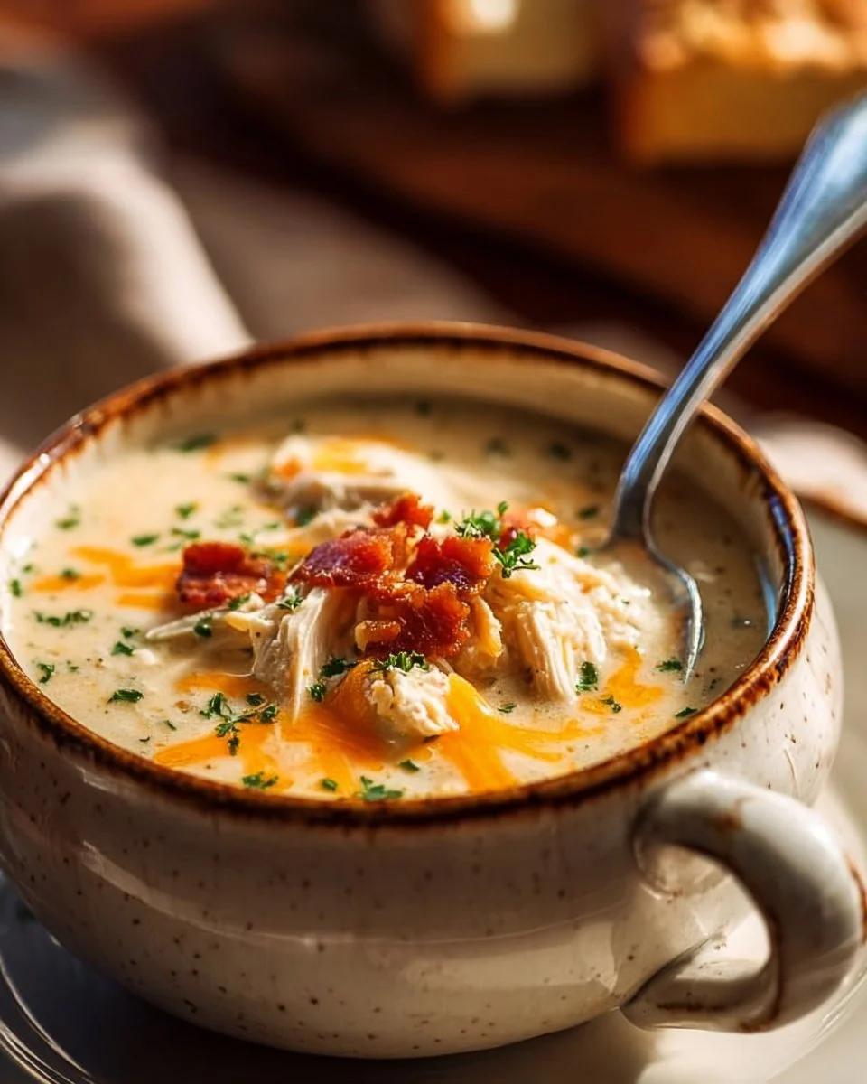 Creamy keto chicken soup with cream cheese served in a bowl