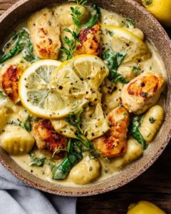 Creamy Lemon Parmesan Chicken Gnocchi dish served with herbs and lemon slices