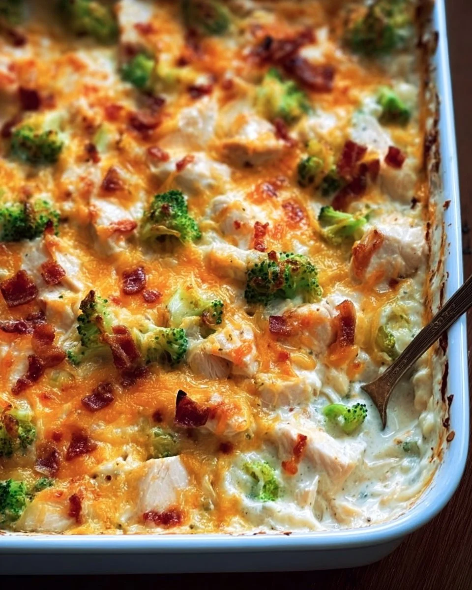 Creamy low carb chicken casserole dish served on a table