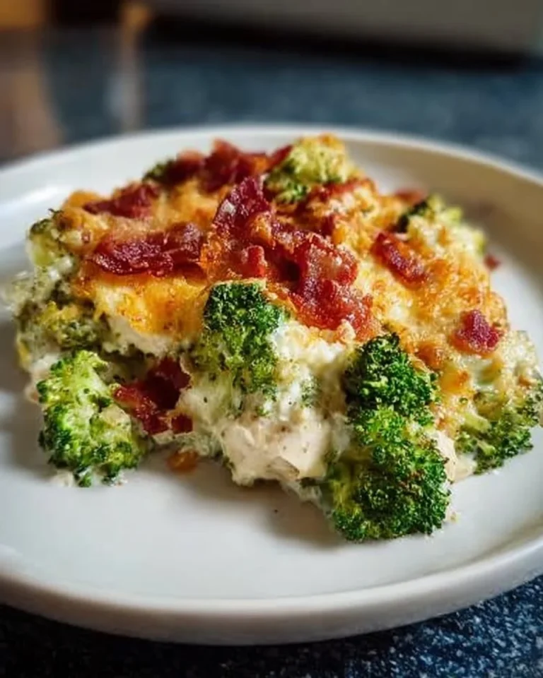 Creamy low carb chicken casserole with broccoli and bacon in a baking dish.