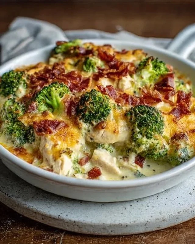 Creamy low carb chicken casserole with broccoli and bacon in a baking dish