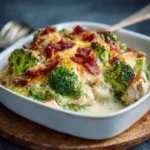 Creamy low carb chicken casserole with broccoli and bacon in a dish