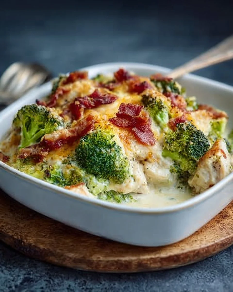 Creamy low carb chicken casserole with broccoli and bacon in a dish