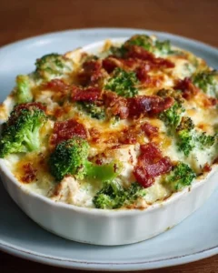 Creamy low carb chicken casserole with broccoli and bacon in a baking dish