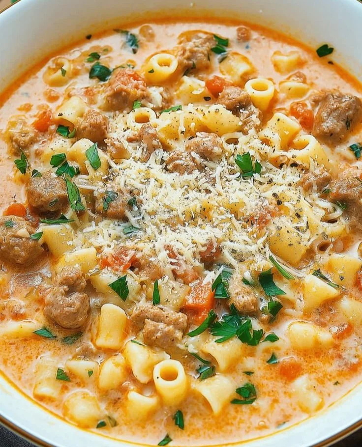 Bowl of creamy Parmesan sausage ditalini soup garnished with herbs