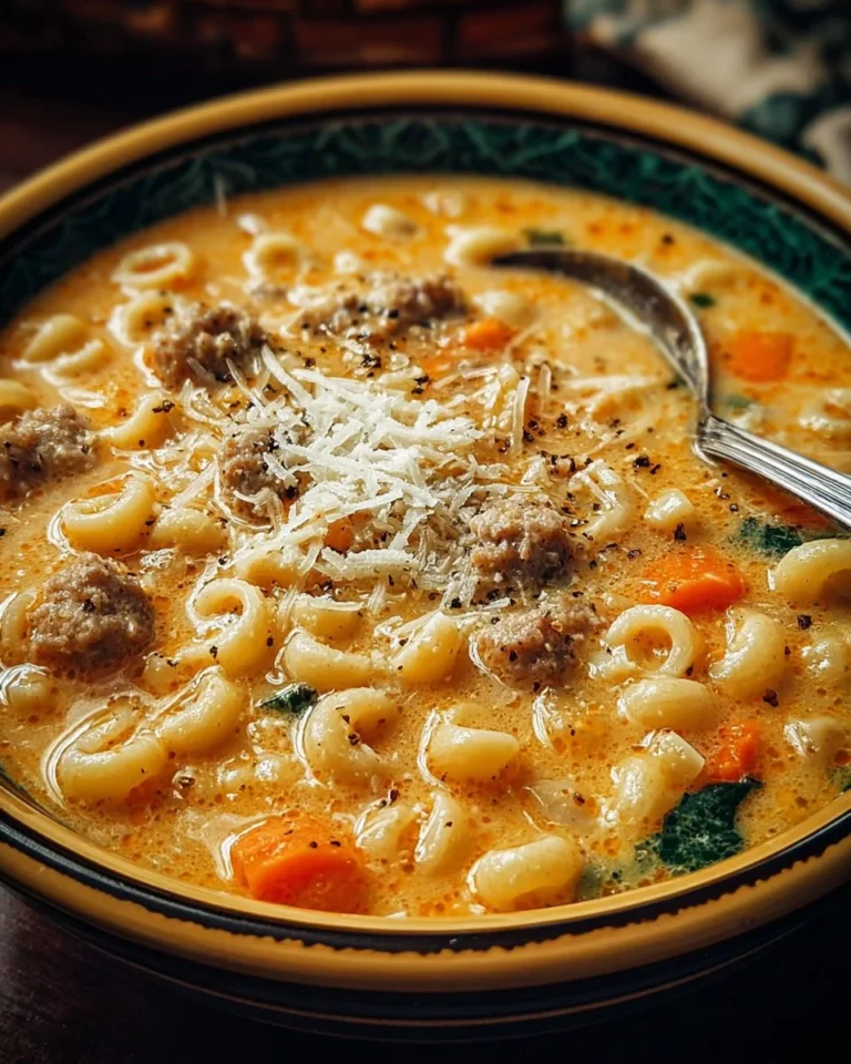 Creamy Parmesan sausage soup with Ditalini pasta in a bowl