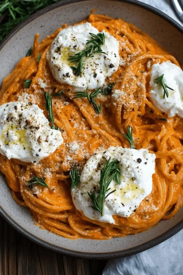 Creamy red pepper pasta garnished with burrata cheese and fresh herbs