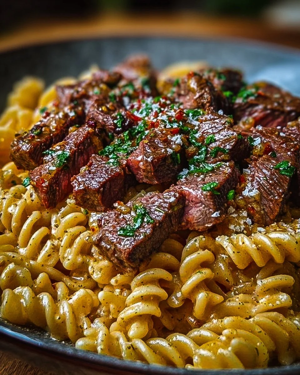 Creamy spicy garlic butter steak served with pasta, garnished with herbs.