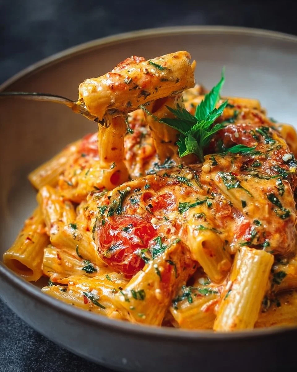 Creamy tomato garlic pasta garnished with fresh basil.