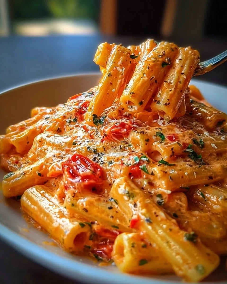 Creamy tomato garlic pasta served in a bowl, garnished with herbs.