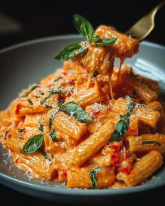 Creamy tomato garlic pasta topped with fresh herbs in a bowl.