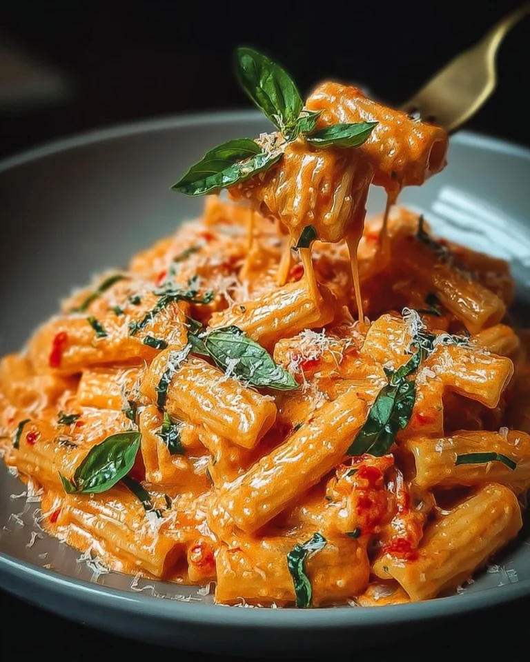 Creamy tomato garlic pasta topped with fresh herbs in a bowl.