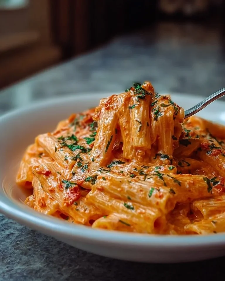 Delicious creamy tomato garlic pasta garnished with fresh basil.