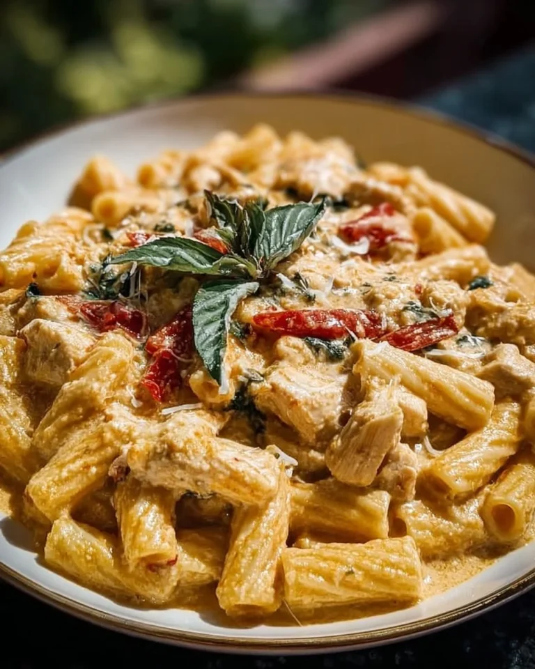Creamy Tuscan chicken pasta served with fresh herbs and parmesan cheese