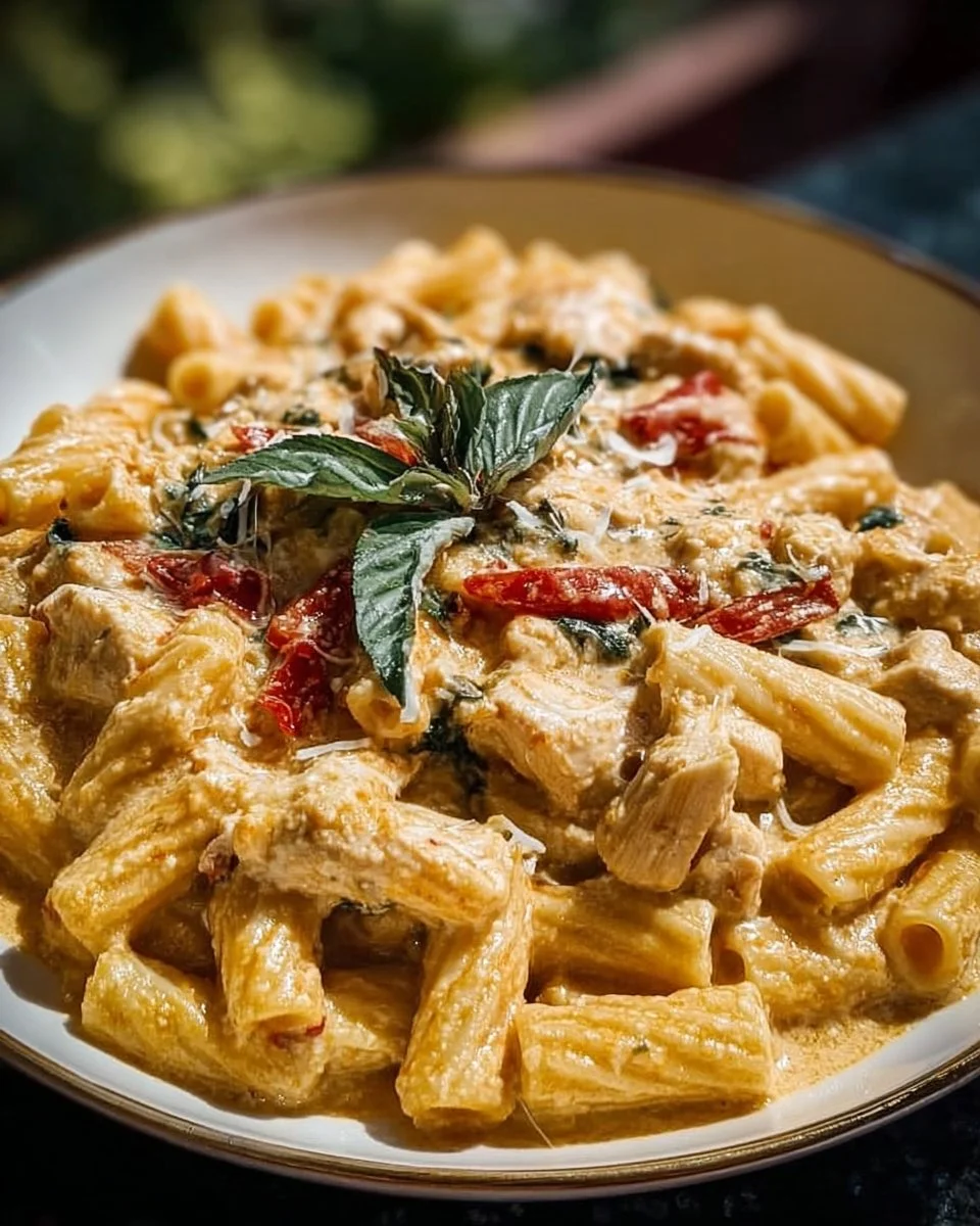 Creamy Tuscan chicken pasta served with fresh herbs and parmesan cheese