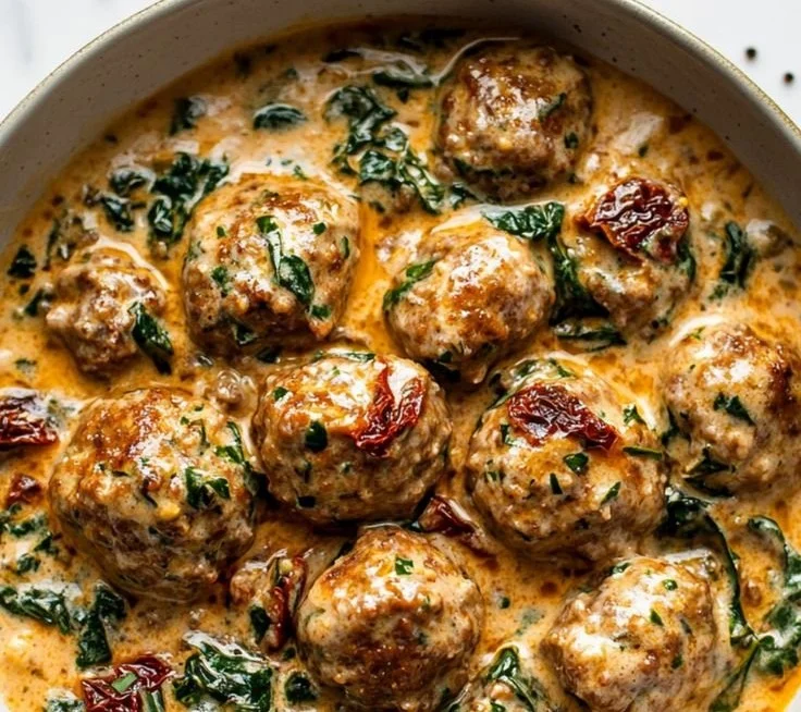 Creamy Tuscan low carb meatballs served in a rich sauce