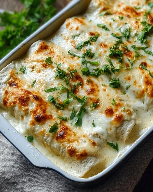 Creamy white chicken enchiladas topped with sauce and cheese on a plate