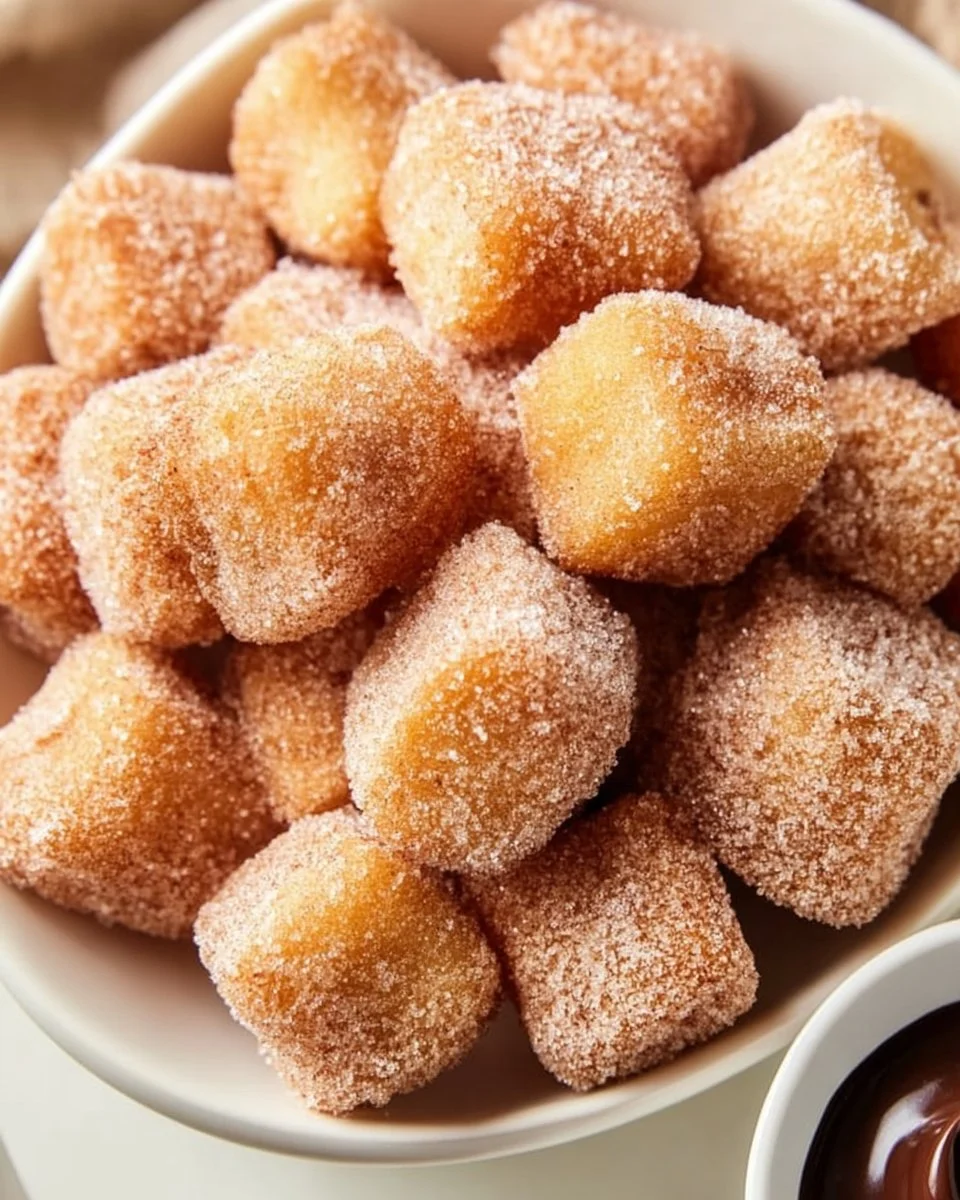 Plate of crispy air fryer churro bites dusted with cinnamon sugar