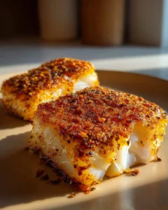 Crispy air fryer cod fillets served on a plate with lemon and herbs.