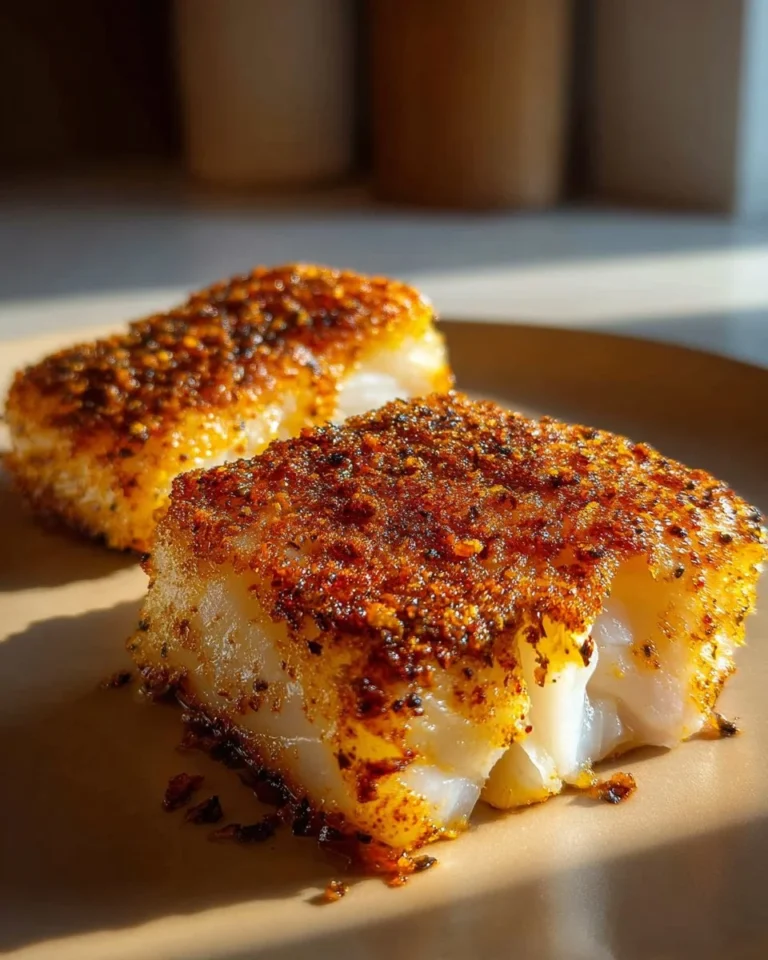 Crispy air fryer cod fillets served on a plate with lemon and herbs.