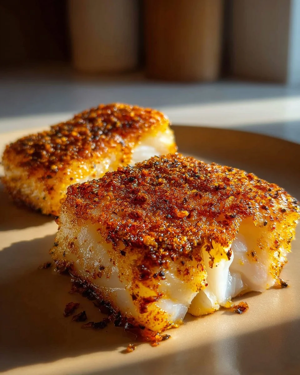 Crispy air fryer cod fillets served on a plate with lemon and herbs.