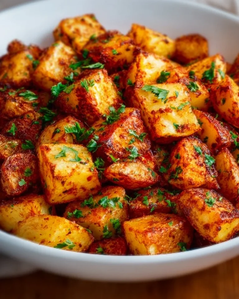 Crispy air fryer paprika potatoes served on a plate garnished with herbs