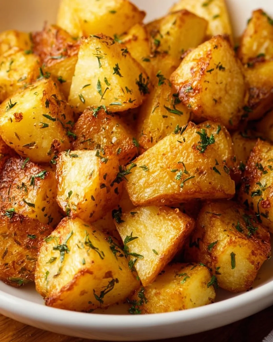 Crispy air fryer potato cubes served in a bowl, garnished with herbs.