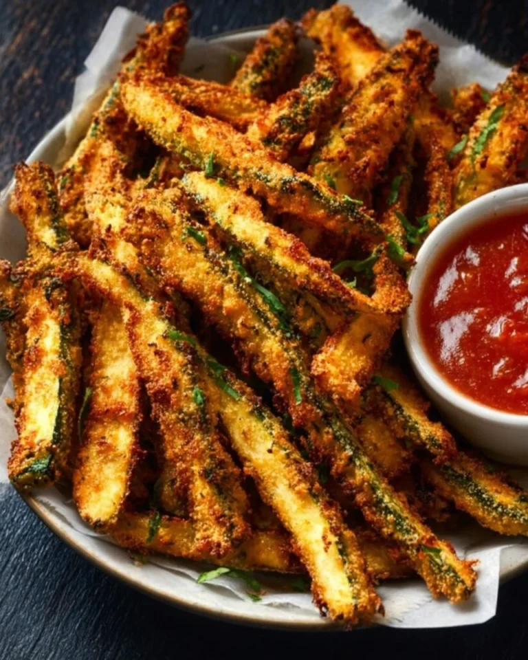 Crispy baked keto zucchini fries served on a plate