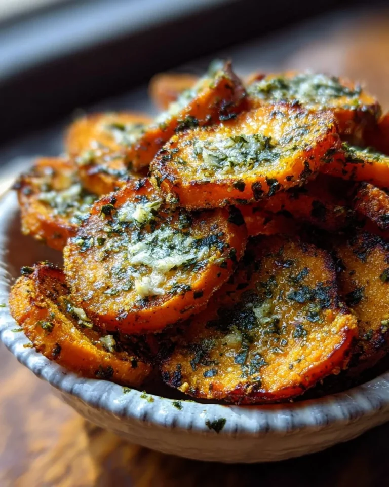 Crispy baked sweet potato bites topped with Parmesan herb butter on a white plate