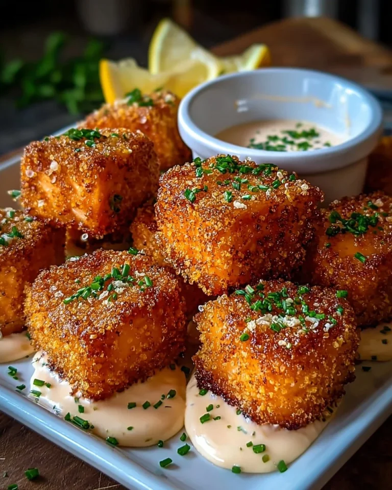Plate of crispy Bang Bang Salmon bites garnished with herbs