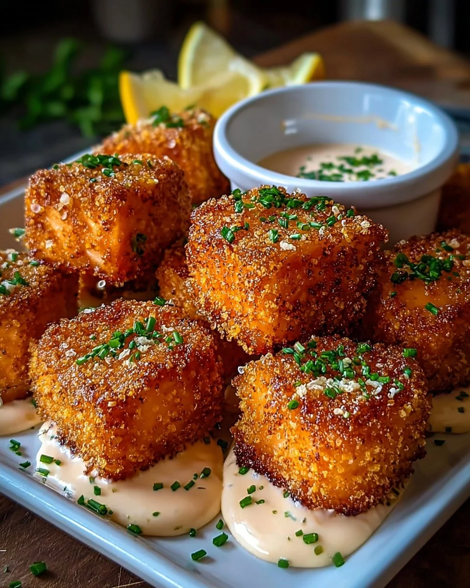 Plate of crispy Bang Bang Salmon bites garnished with herbs