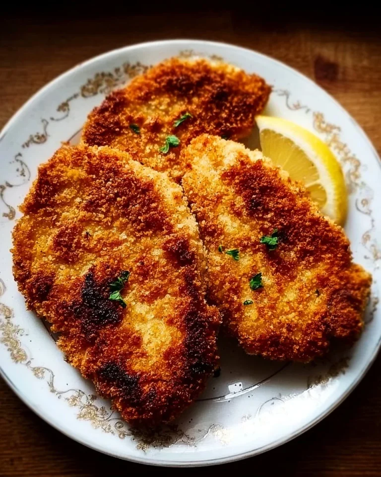 Crispy breaded chicken cutlets garnished with herbs on a plate