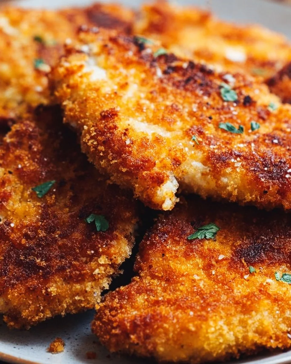 Crispy breaded chicken cutlets plated with herbs