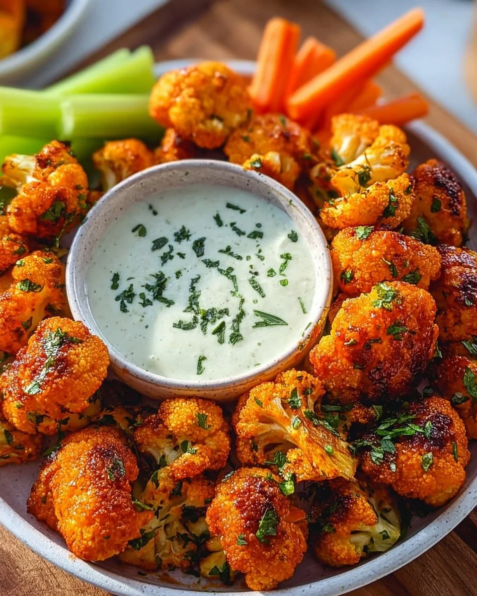 Plate of crispy cauliflower buffalo bites seasoned and ready to eat