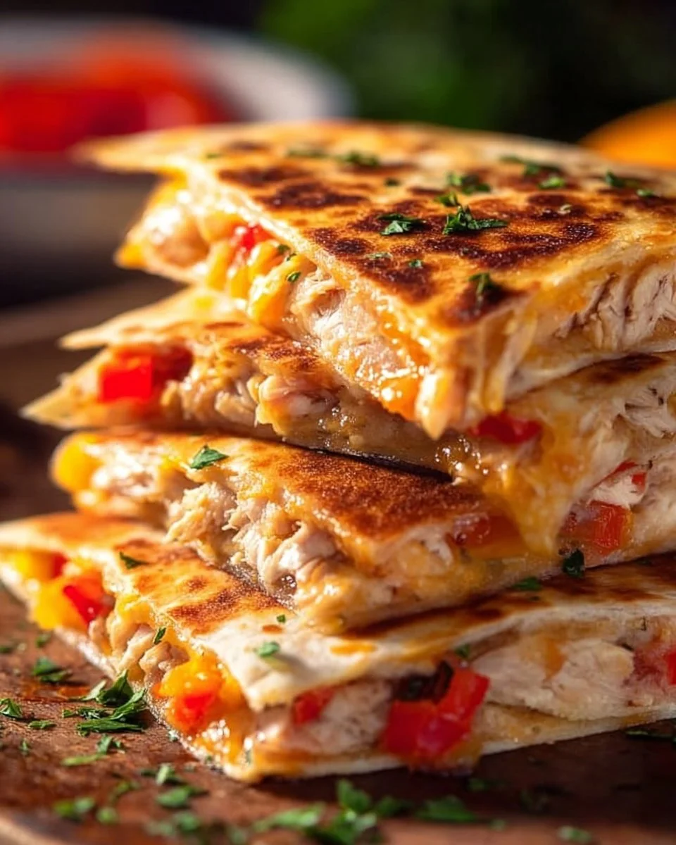 Delicious crispy chicken quesadillas served with salsa and sour cream