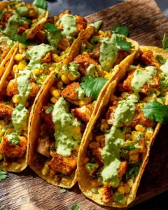Crispy chicken tacos with street corn and avocado drizzle on a plate