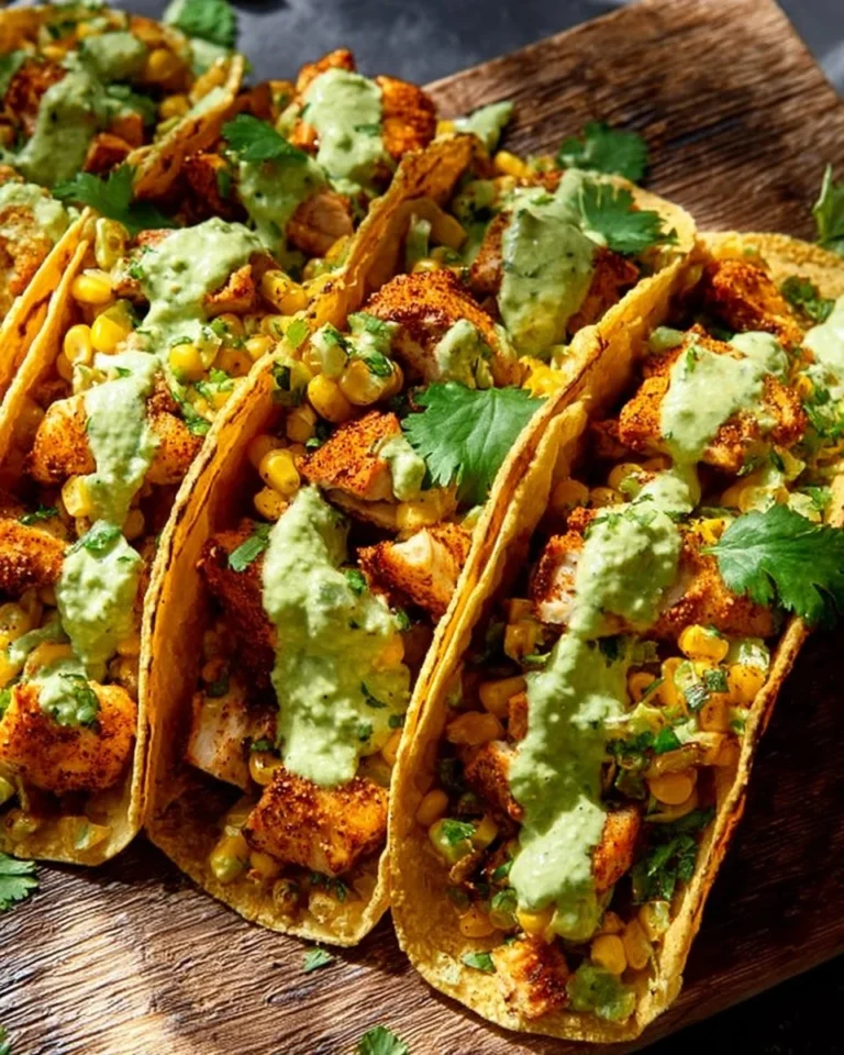 Crispy chicken tacos with street corn and avocado drizzle on a plate