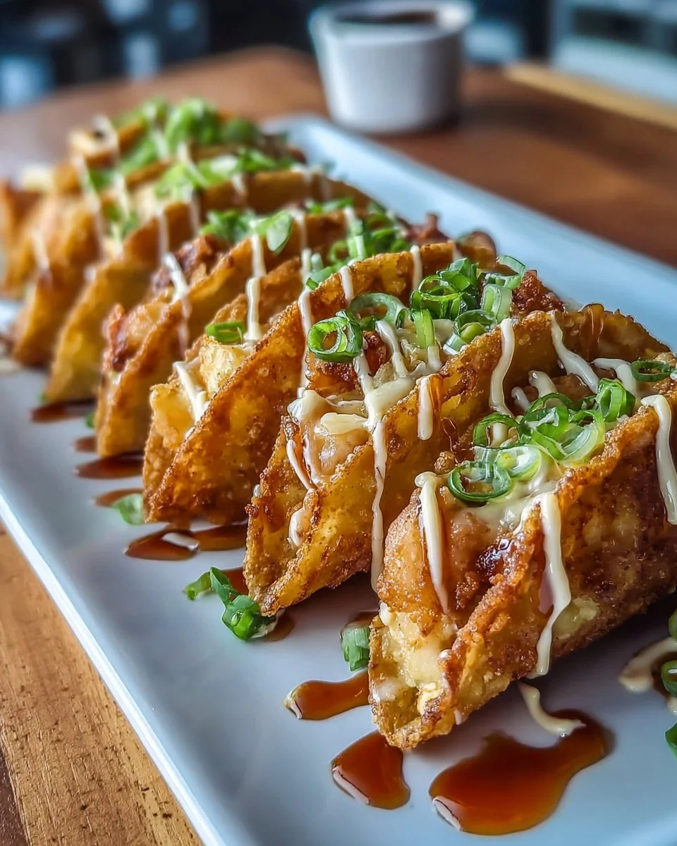 Crispy chicken wonton tacos served on a plate with fresh toppings