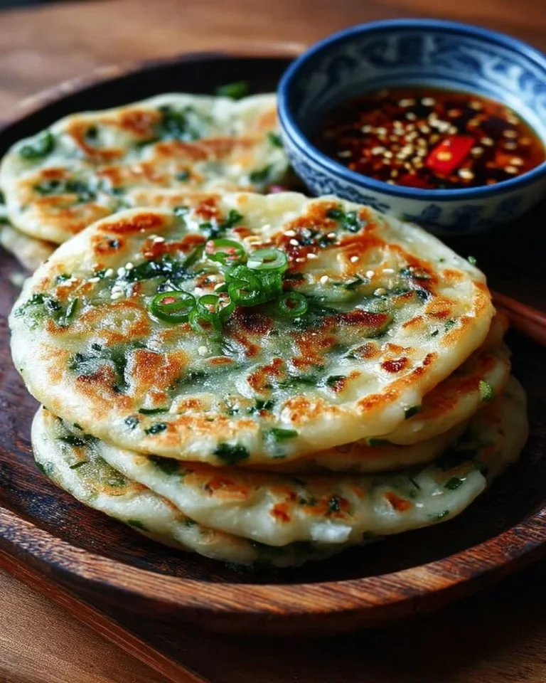 Crispy Chinese scallion pancakes served with dipping sauce on a plate