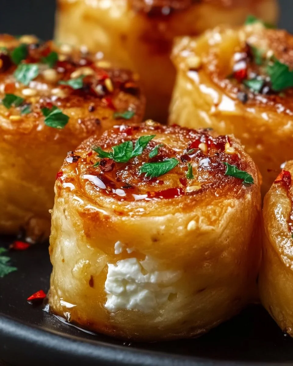 Golden crispy feta rolls served on a plate