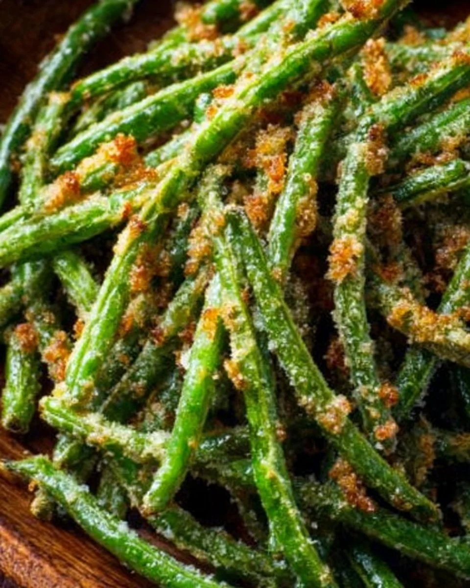 Crispy garlic parmesan roasted green beans on a plate