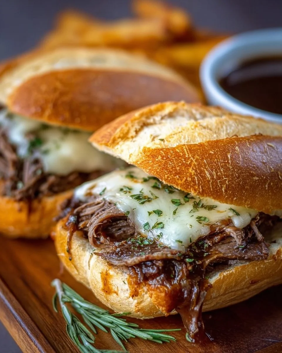 Crockpot French Dip Sandwiches with tender beef and au jus served on a platter