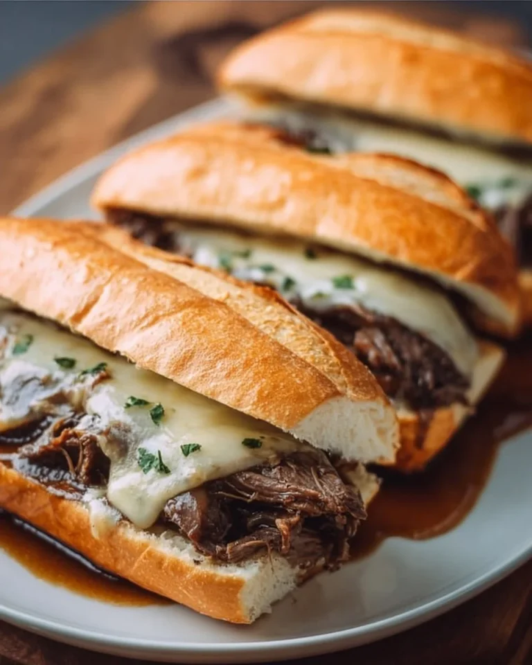 Crockpot French Dip Sandwiches with melted cheese and dipping sauce