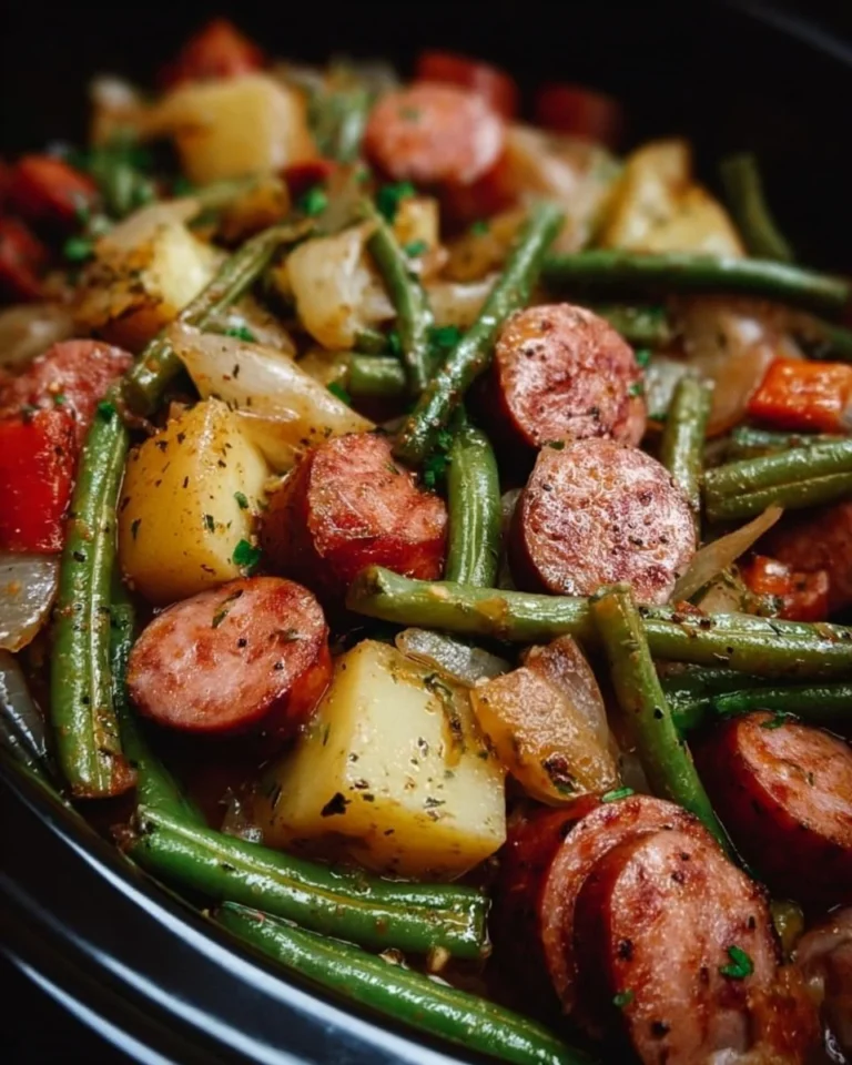 Plate of Crockpot Kielbasa and Green Beans served for dinner