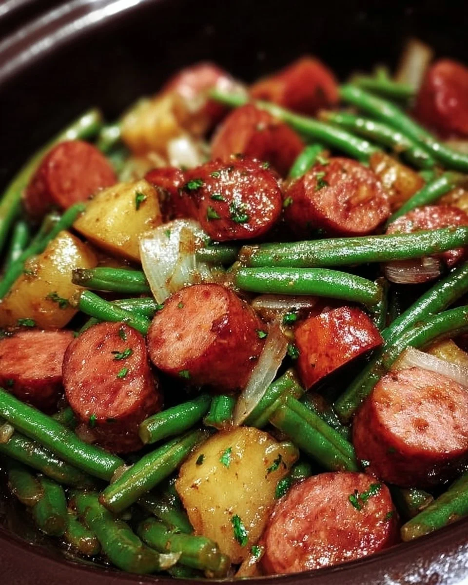 Crockpot Kielbasa with Green Beans simmering in a slow cooker