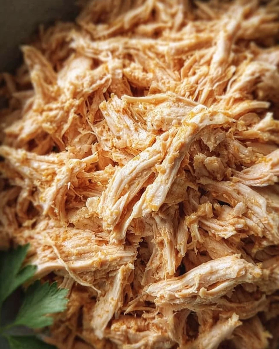 Delicious crockpot shredded chicken ready to serve.