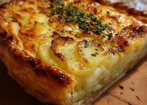 Delicious Irish Potato Pie served on a plate with herbs.