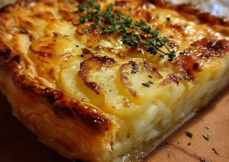 Delicious Irish Potato Pie served on a plate with herbs.