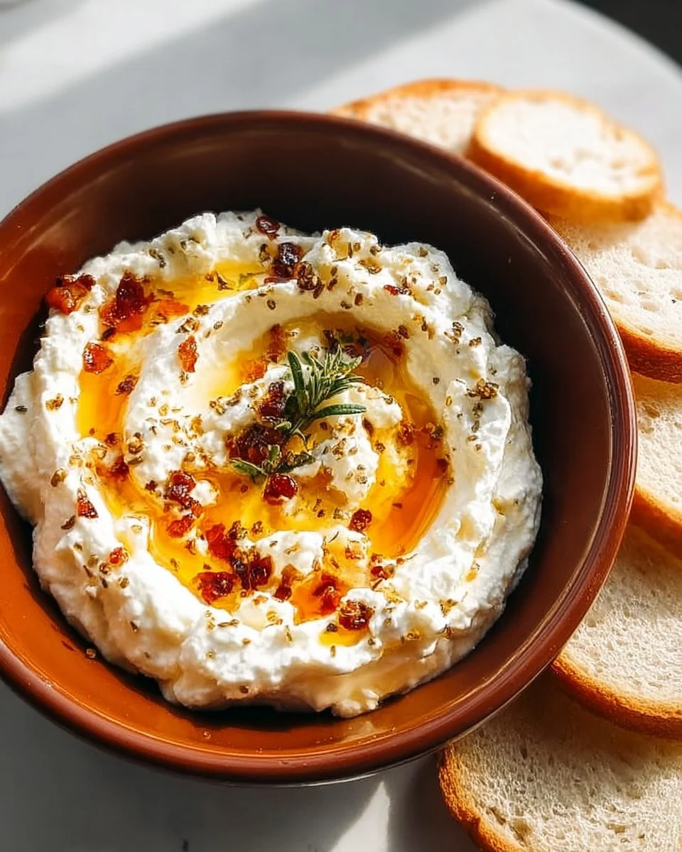 Delicious ricotta dip with hot honey served in a bowl
